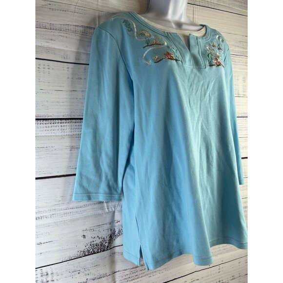 90s Morning Sun Sweatshirt L Nautical Seashell Coastal Blue Cottage - Picture 2 of 12